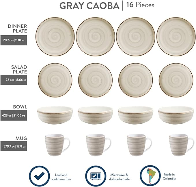 Vajilla Corona Caoba Gris: 16 piezas para 4 puestos, Acabado artesanal con borde marrón. Loza de alta calidad. Apta para microondas y lavavajillas. 