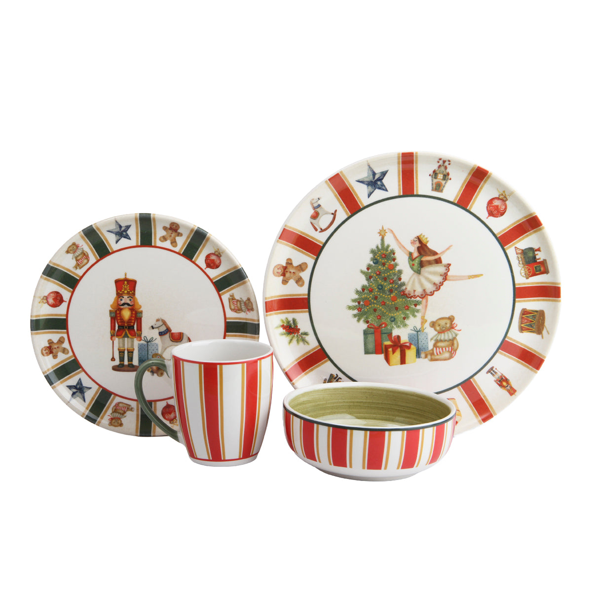 Cascanueces. Toys Holidays. Vajilla Navideña CORONA. 16 piezas, 4 puestos.: platos tendido, platos postre, tazas y bolos.
