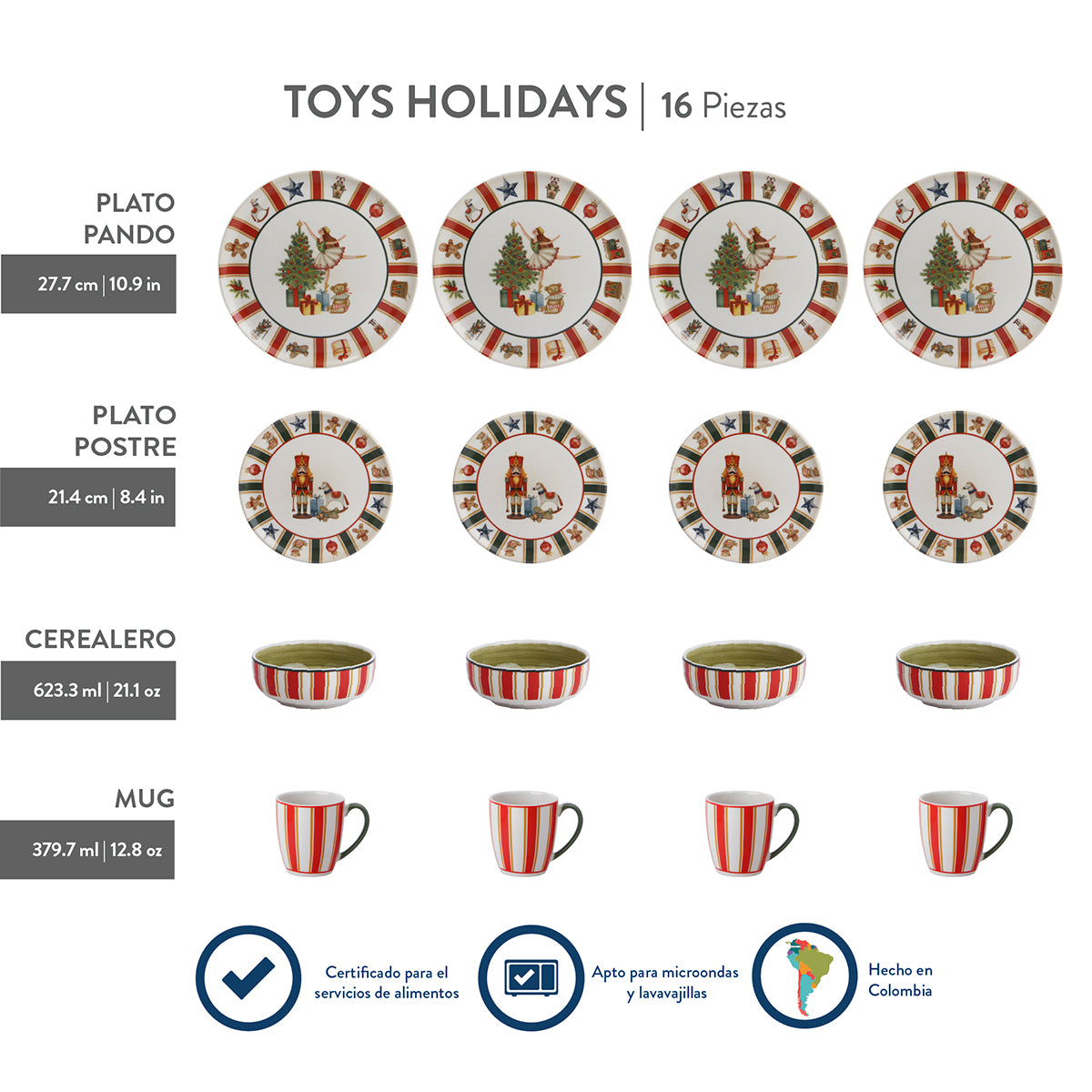 Cascanueces. Toys Holidays. Vajilla Navideña CORONA. 16 piezas, 4 puestos.: platos tendido, platos postre, tazas y bolos.
