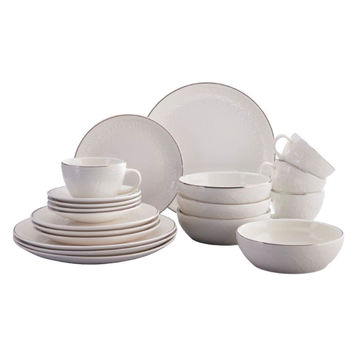 Vajilla Harmony Corona 20 piezas: platos con relieve floral y filo plateado, pocillos y taza.