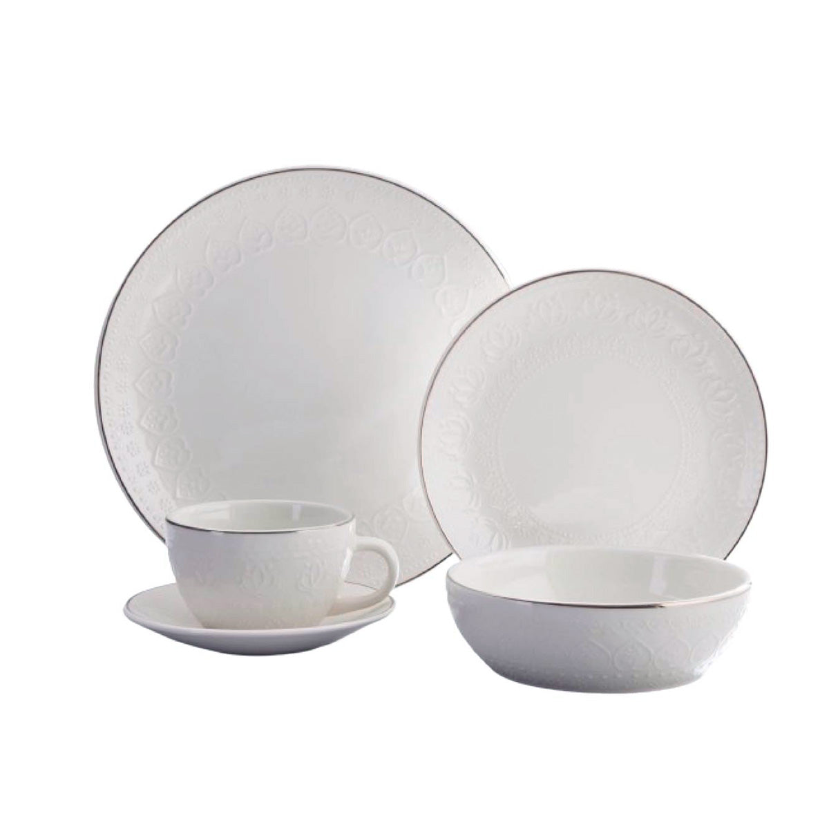 Vajilla Harmony Corona 20 piezas: platos con relieve floral y filo plateado, pocillos y tazas
