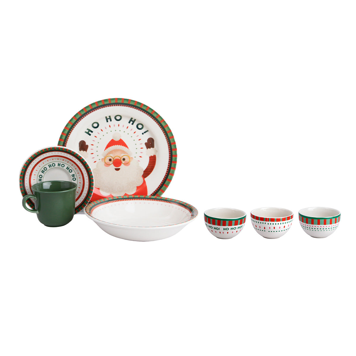 Ho Ho Ho. Vajilla Navideña CORONA 19 piezas: platos, pocillos y mini bowls con diseño de Santa
