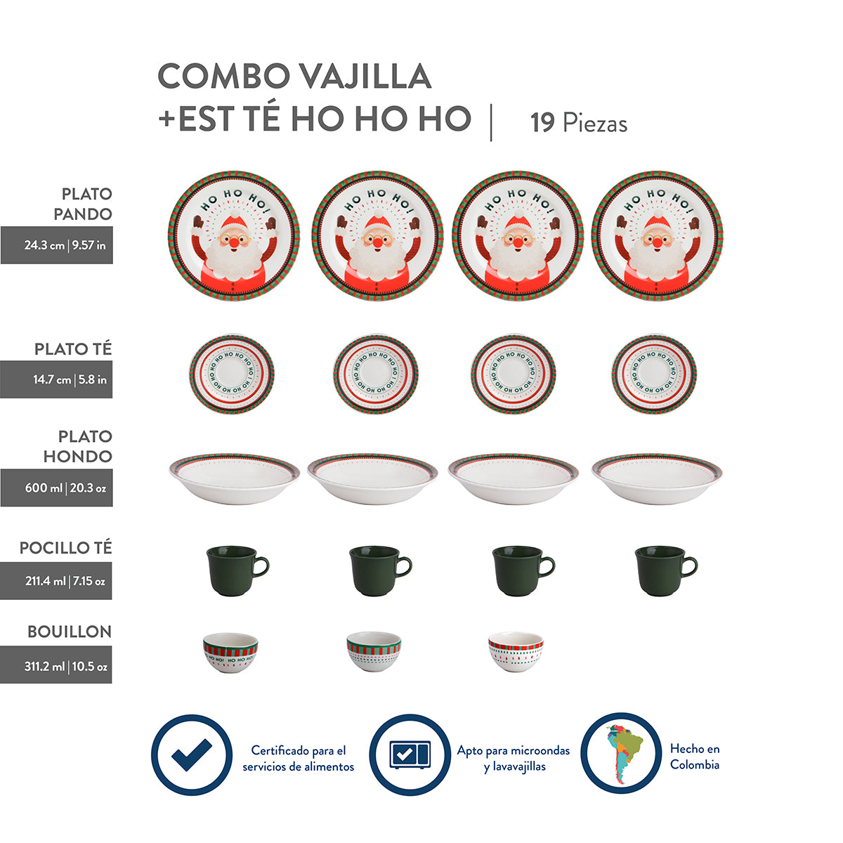 Ho Ho Ho. Vajilla Navideña CORONA 19 piezas: platos, pocillos y mini bowls con diseño de Santa