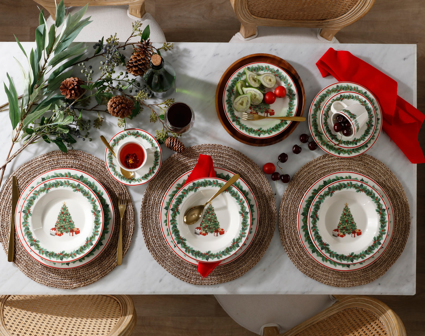 Vajilla Navidad NOCHEBUENA - 20 Piezas | Pinos, Árboles Navideños y Guirnaldas