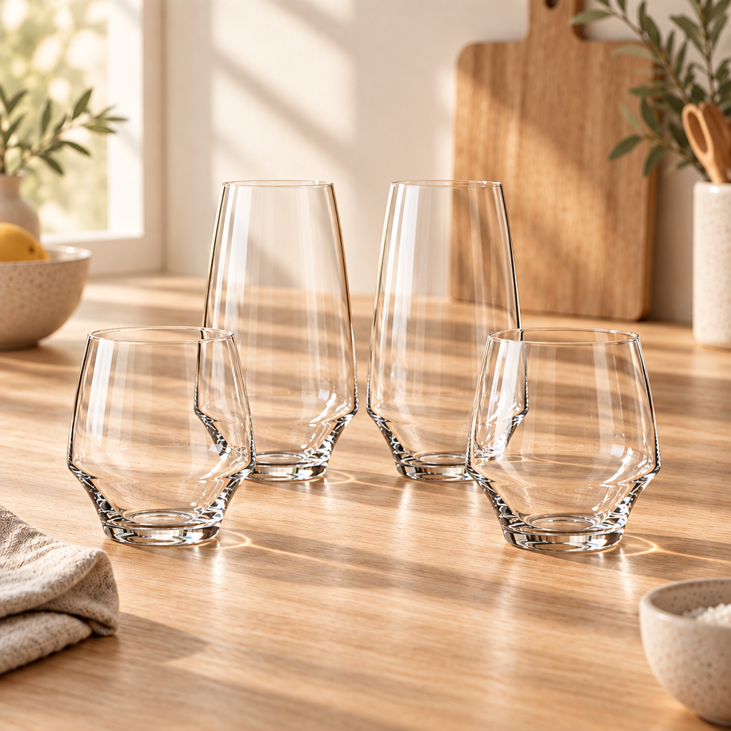 vasos altos 35 cl y bajos 38 cl OPEN UP CHEFF SOMELIER sobre mesa de madera en ambien cálido.