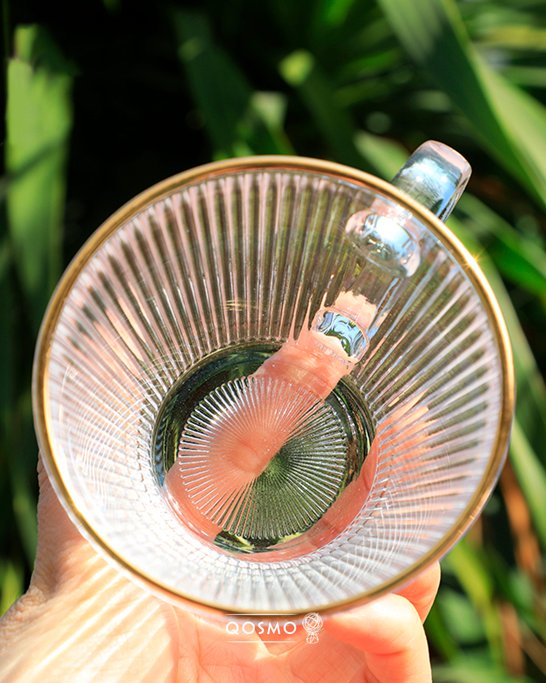 Set de taza y plato de vidrio con filos dorados, capacidad 185 ml - QOSMO PERU
