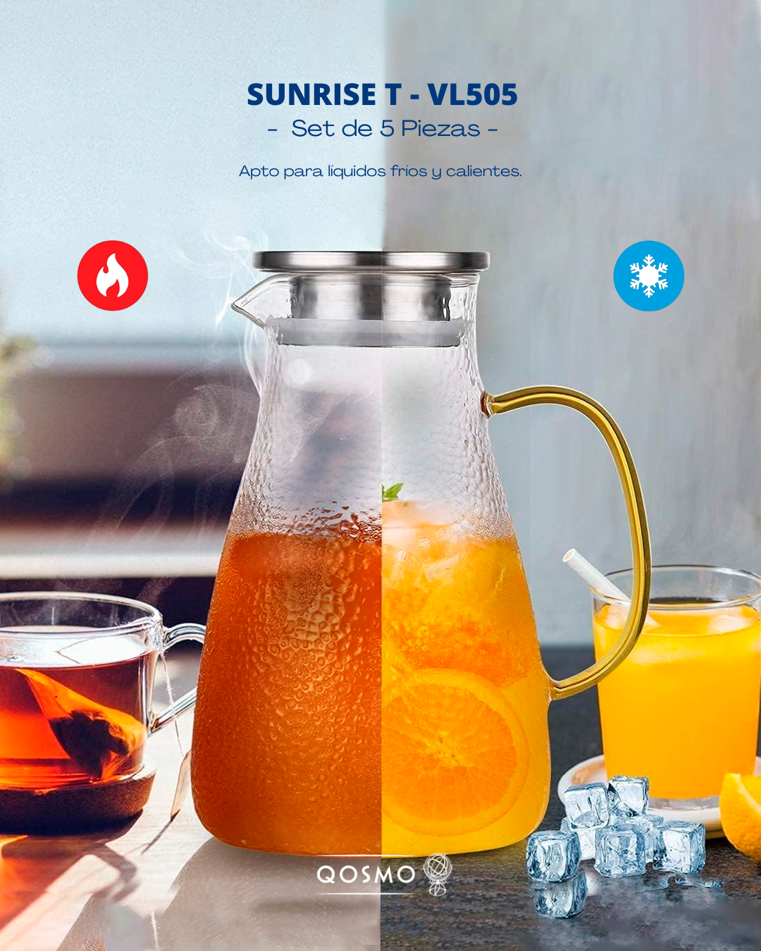 🌟SUNRISE TEXTURE VL505 - Set 5 Piezas Vidrio Borosilicato con relieve martillado: 1 jarra tetera 1.5 lts + 4 Tazas 300 ml