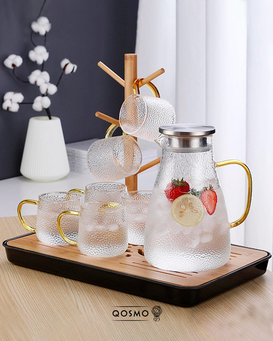 🌟SUNRISE TEXTURE VL505 - Set 5 Piezas Vidrio Borosilicato con relieve martillado: 1 jarra tetera 1.5 lts + 4 Tazas 300 ml