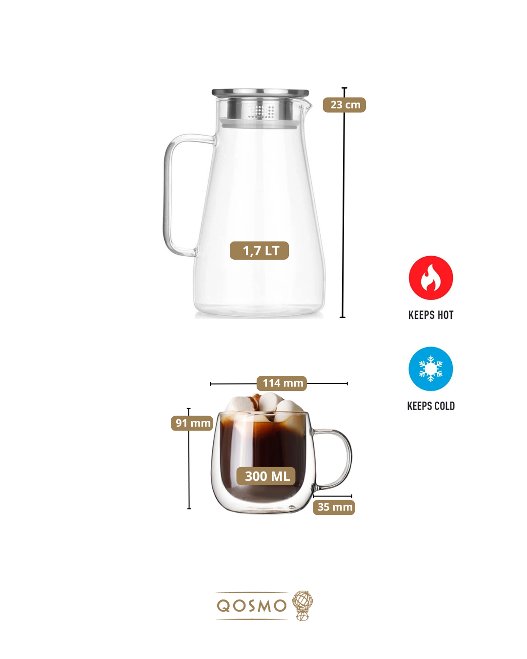 SUNRISE DW - Set 5 Piezas Vidrio Borosilicato: 1 Jarra Tetera 1.7 Lts. + 6 Tazas Doble Pared 250 ml.