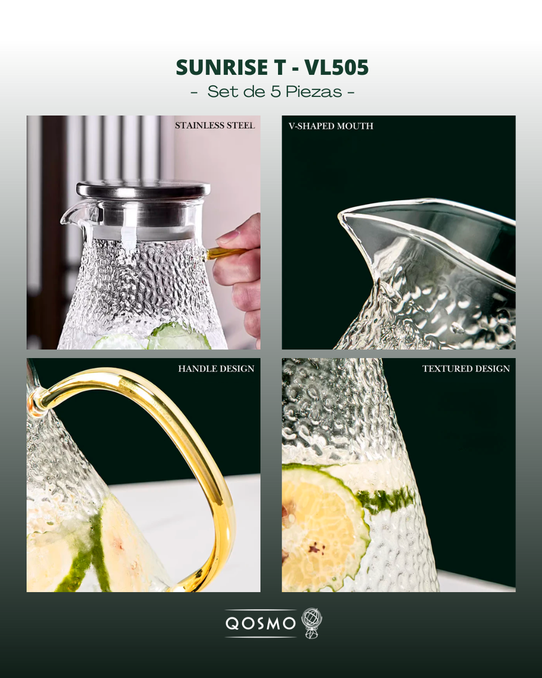 🌟SUNRISE TEXTURE VL505 - Set 5 Piezas Vidrio Borosilicato con relieve martillado: 1 jarra tetera 1.5 lts + 4 Tazas 300 ml