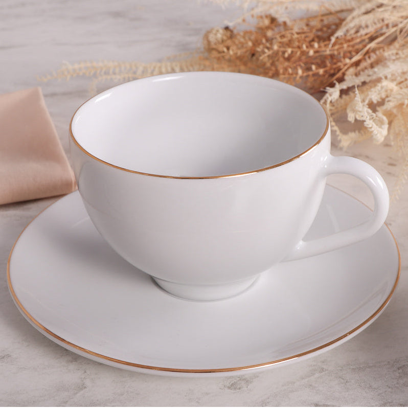 Set de té de porcelana Tramontina con filo dorado, 6 tazas 250 ml y 6 platillos - QOSMOPERU