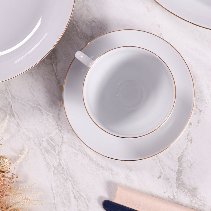 Set de té de porcelana Tramontina con filo dorado, 6 tazas 250 ml y 6 platillos - QOSMOPERU